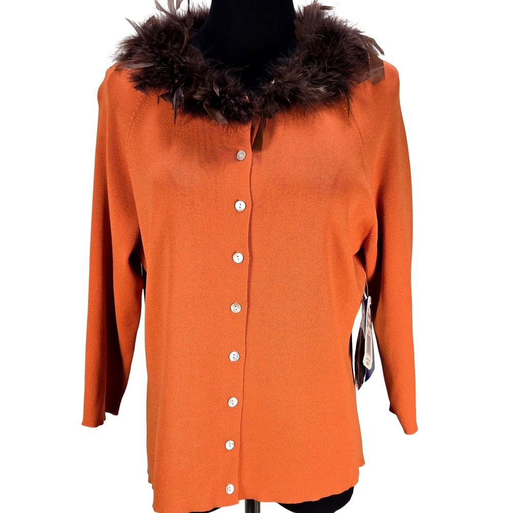 Women's Bellepointe‎ Medium Pumpkin Orange Feather Collar Cardigan Sweater NWT